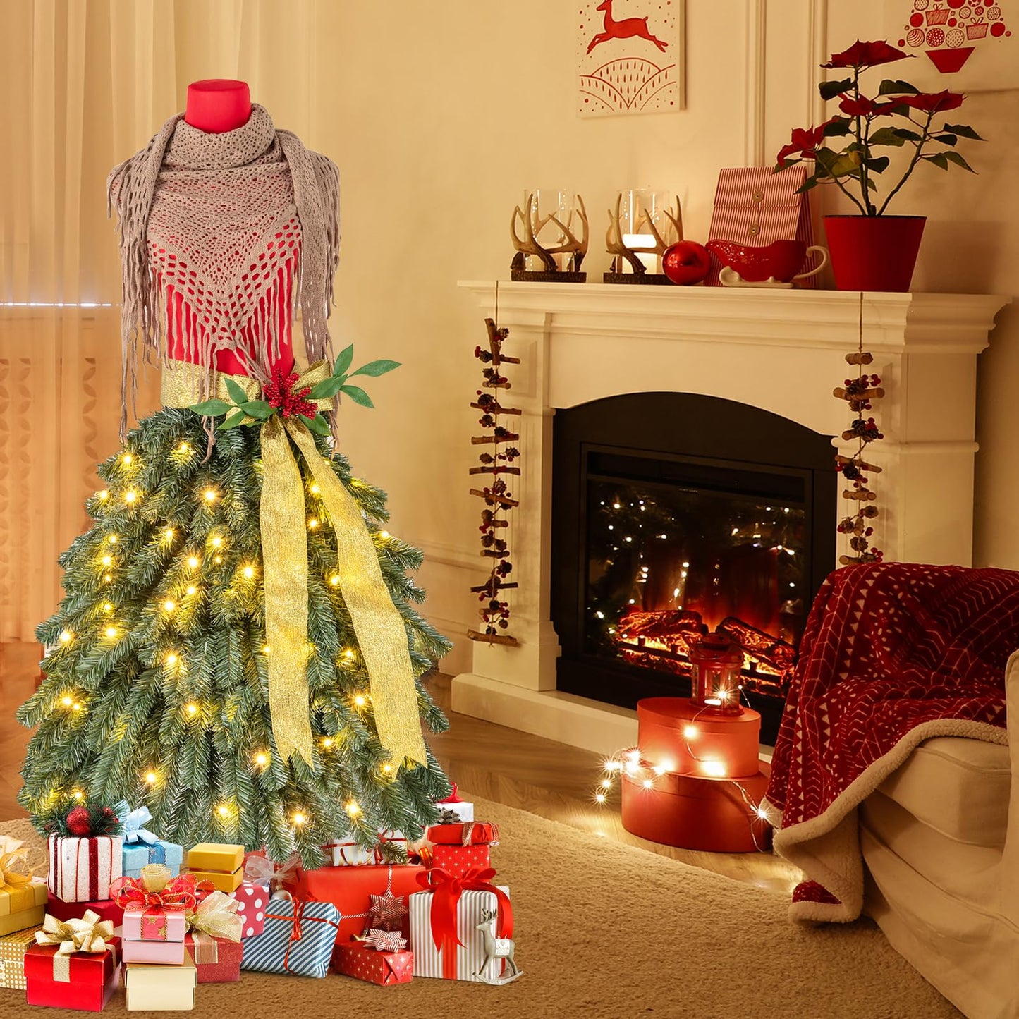 5FT Pre-lit Mannequin Artificial Christmas Tree, Dress Form Xmas Tree with 248 Branch Tips (Red+Green, with 100 Lights)