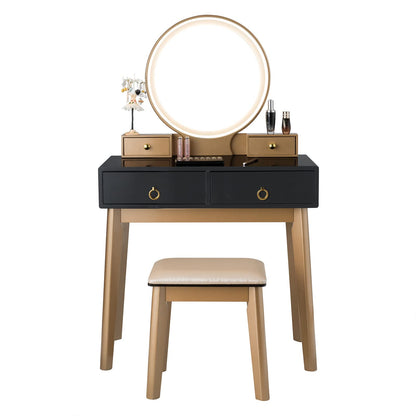 Dressing Table Set with LED Lights and Mirror, Detachable Makeup Dresser Table Stool (Black)