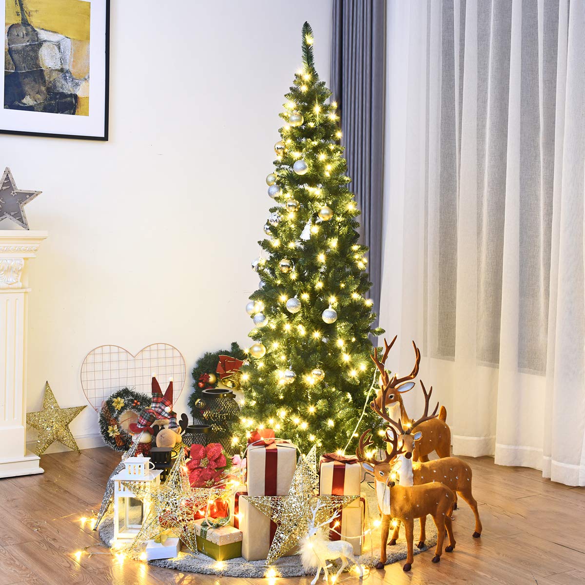 6.5FT Pre-lit Slim Christmas Tree, Hinged Pencil Xmas Tree with Warm LED Lights