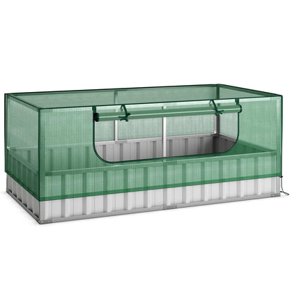 GiantexUK Raised Garden Bed with Greenhouse, 2-in-1 Galvanized Metal Rectangular Planter Box with PE Cover & Roll-up Zipper Window