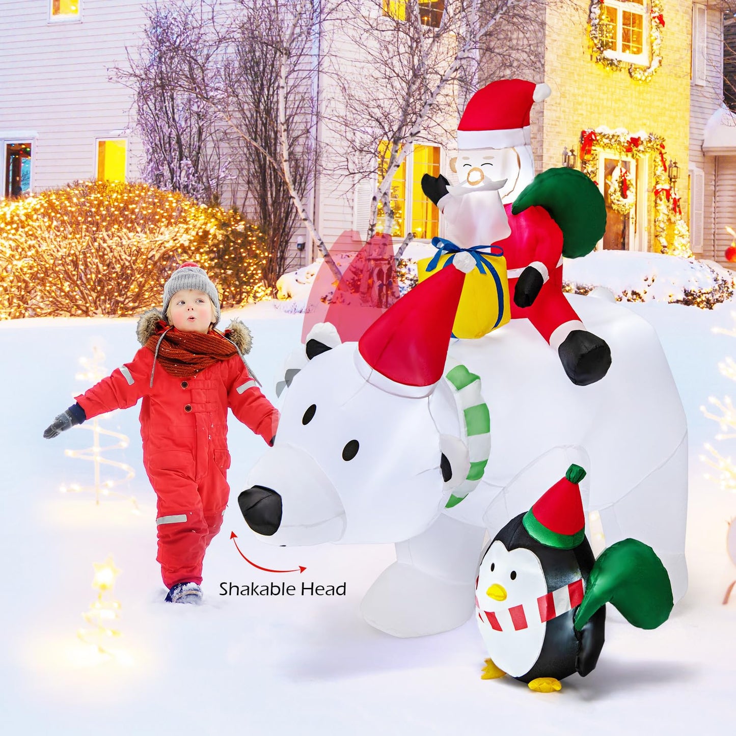 Inflatable Christmas Santa Claus, Self Inflating Xmas Decoration with LED Lights and Blower (White Polar Bear & Penguin)