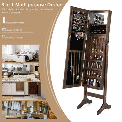 Jewelry Cabinet, Floor Standing Lockable Jewelry Armoire with Full Length Mirror