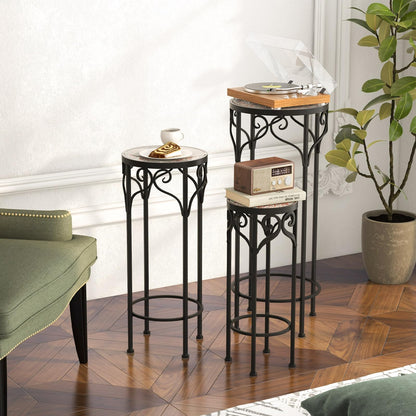 Set of 3 Metal Plant Stand, Round Stackable Flower Pot Holder with Ceramic Top & Anti-slip Foot Pads