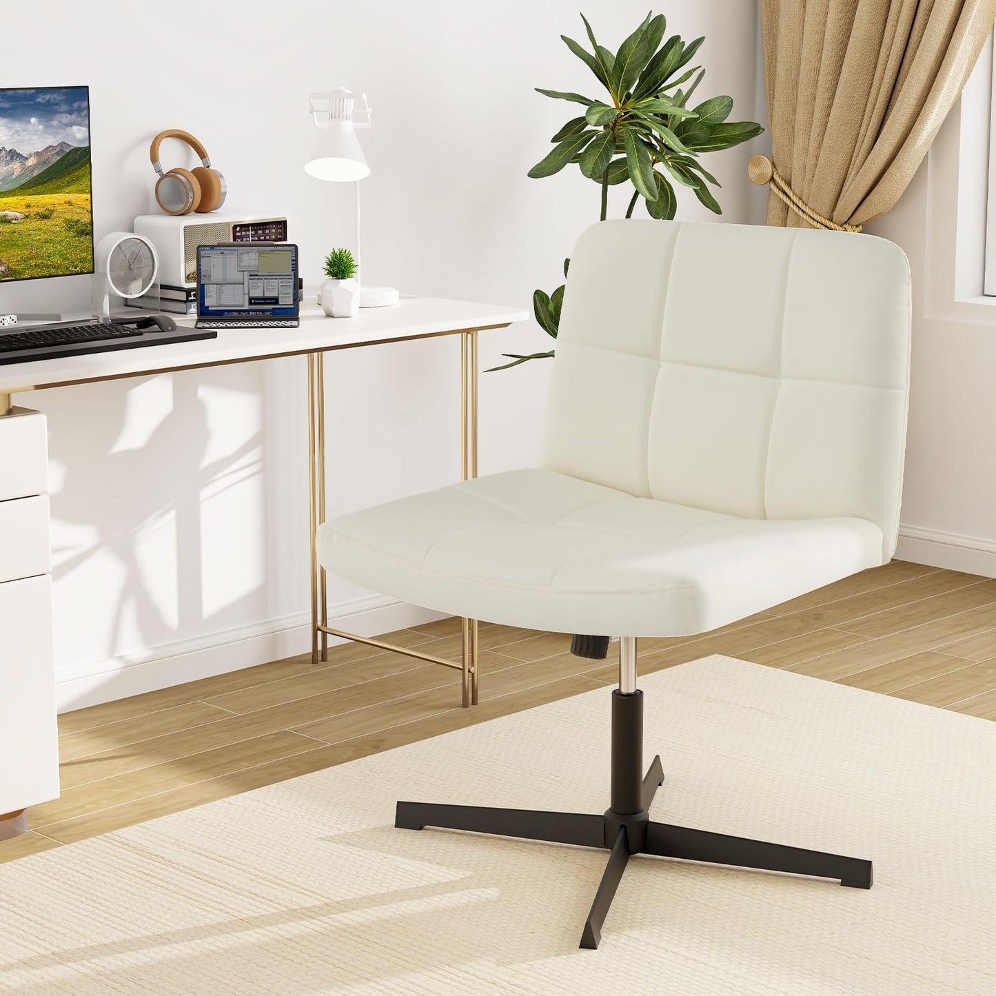 Armless Office Chair, PU Leather Upholstered Cross Legged Computer Desk Chair