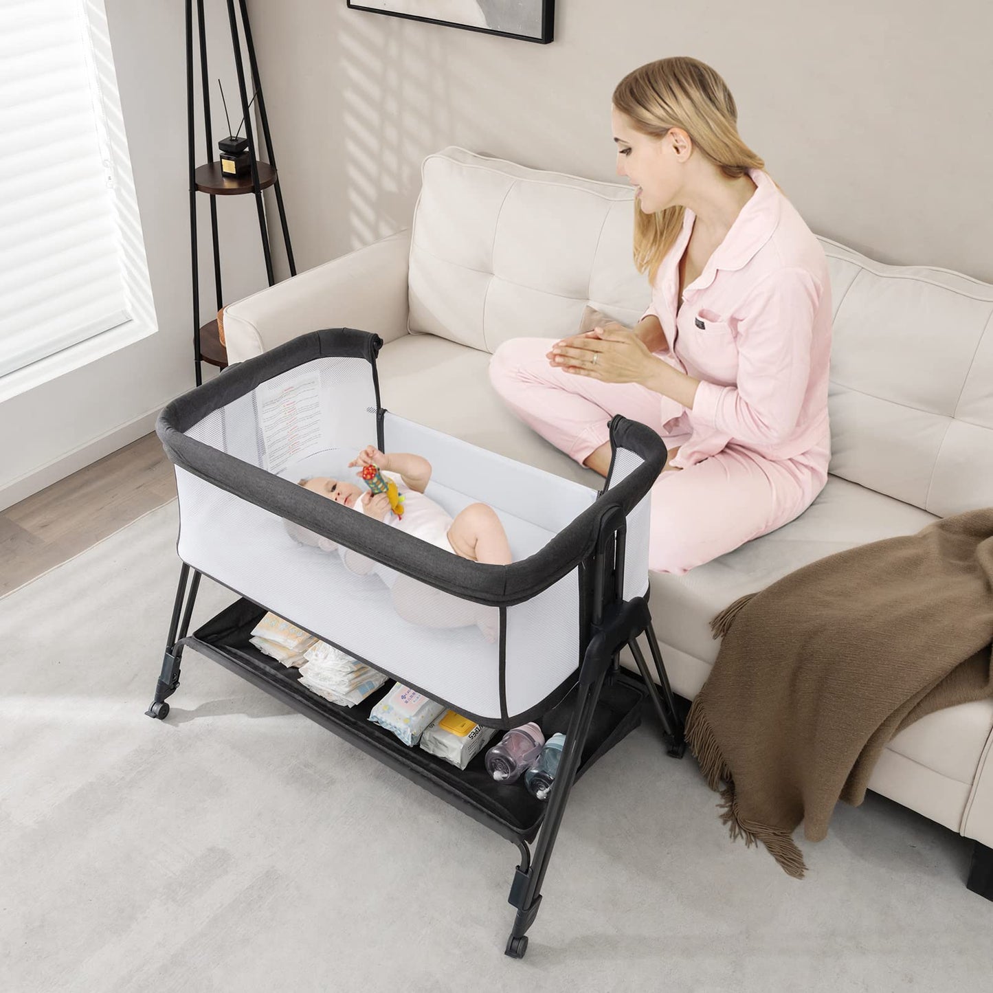 Baby Bedside Crib, Easy Folding Cot Bed with Mattress, All-Side Mesh, Storage Shelf and Travel Bag