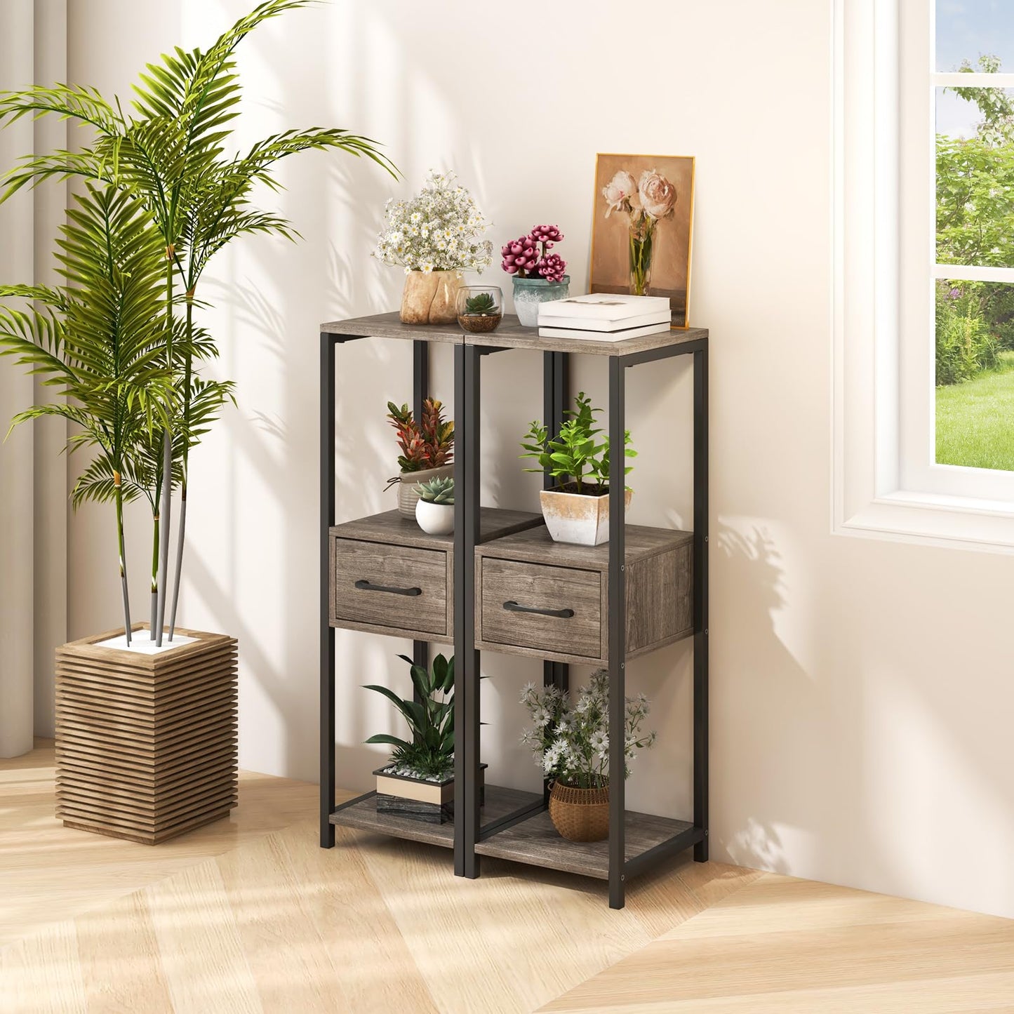 3 Tier Tall Metal Plant Stand, Corner Plant Holder with Anti-tipping Devices (with Middle Drawer)