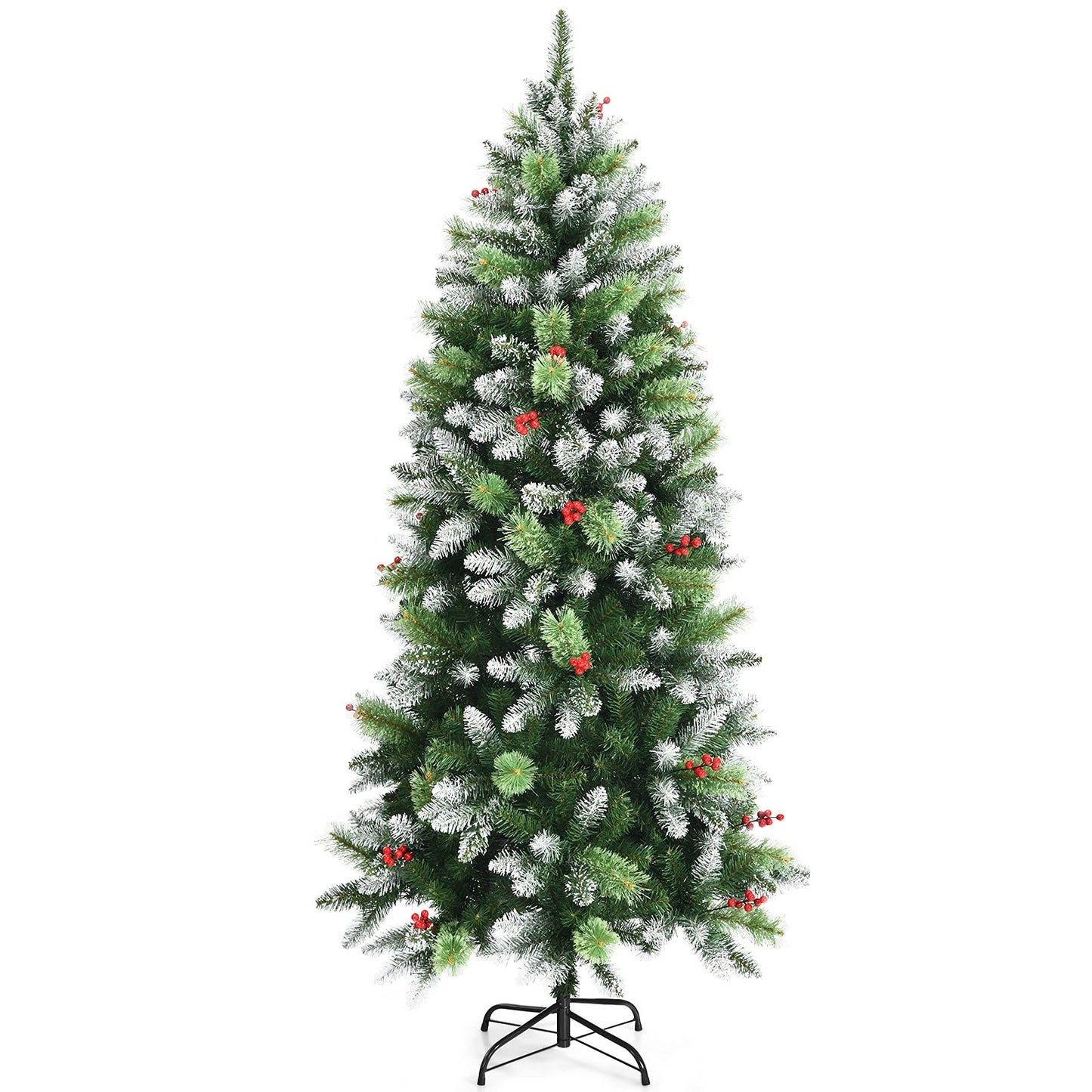 Artificial Pine Xmas Trees with Red Berries, PVC Tips & Metal Stand, Indoor Outdoor Christmas Decoration and Gift