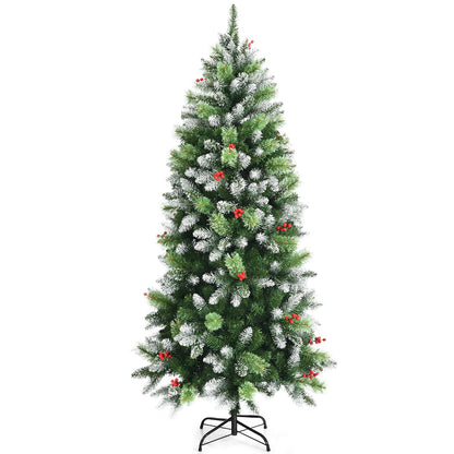 Artificial Pine Xmas Trees with Red Berries, PVC Tips & Metal Stand, Indoor Outdoor Christmas Decoration and Gift