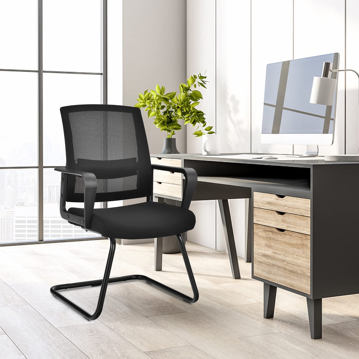 Meeting Office Chairs, Mid-Back Mesh Reception Chair with Adjustable Lumbar Support and Sled Base