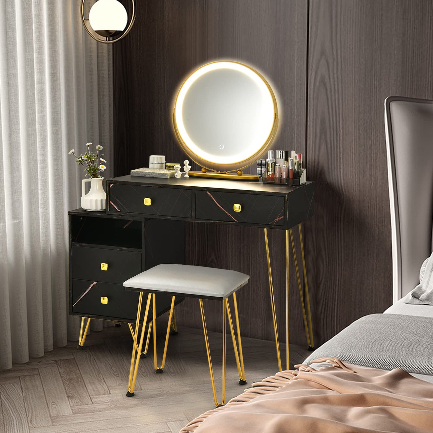 Dressing Table Set, Modern Vanity Makeup Table Stool Set with 3 Color Detachable LED Mirror (Black with Side Cabinet)