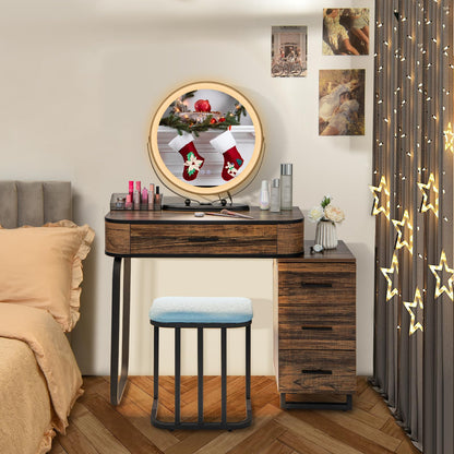 Dressing Table and Stool Set with 3-Color LED Lights Swivel Mirror, Charging Station