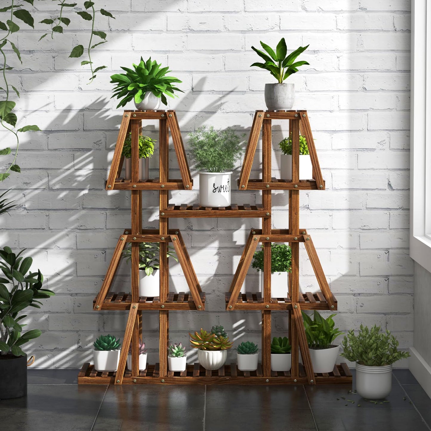 5-Tier Plant Stand, Wooden Flower Shelving Unit with Slatted Shelves