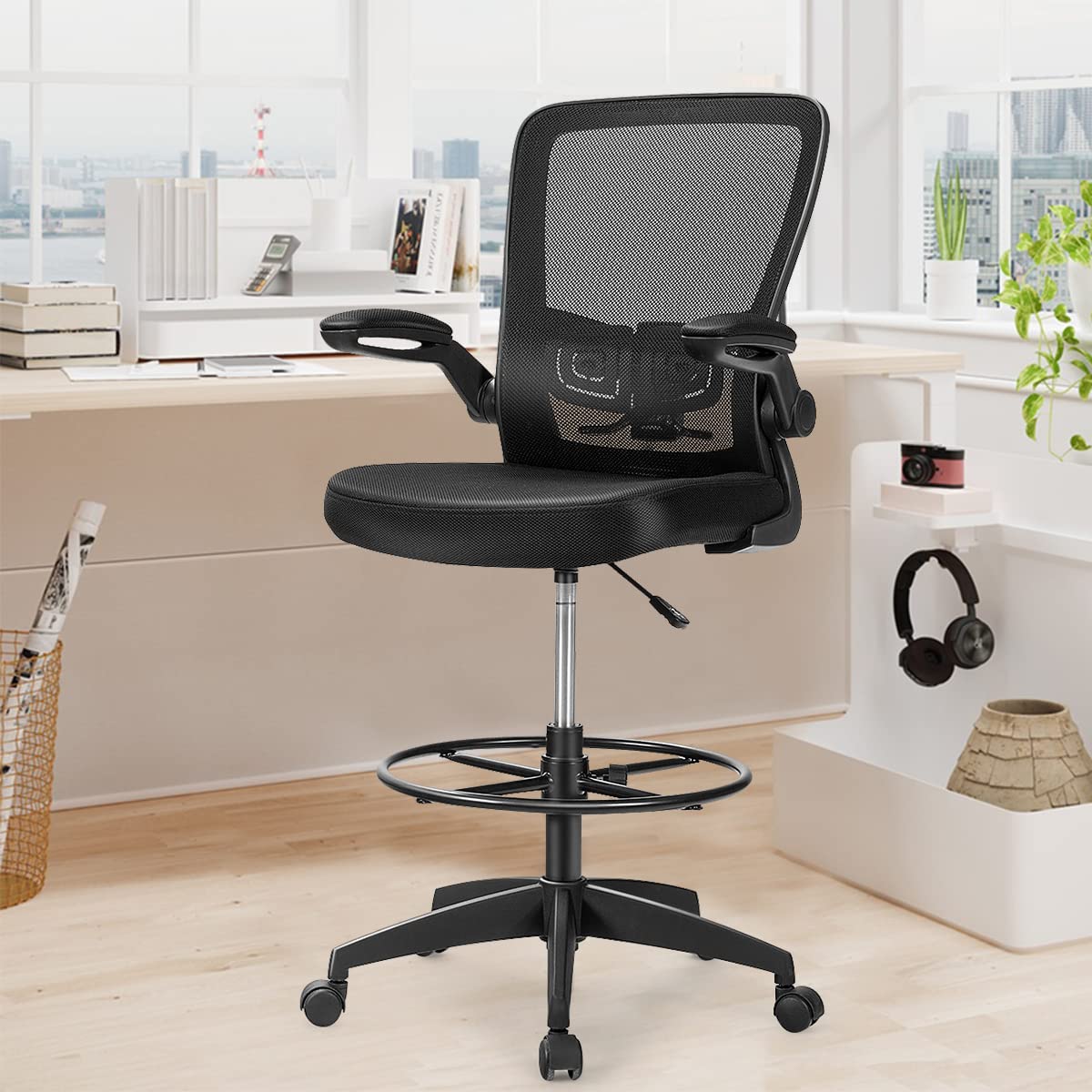 Mesh Drafting Chair, Height Adjustable Swivel Office Chair with Flip-up Armrests, Footrest and Lumbar Support