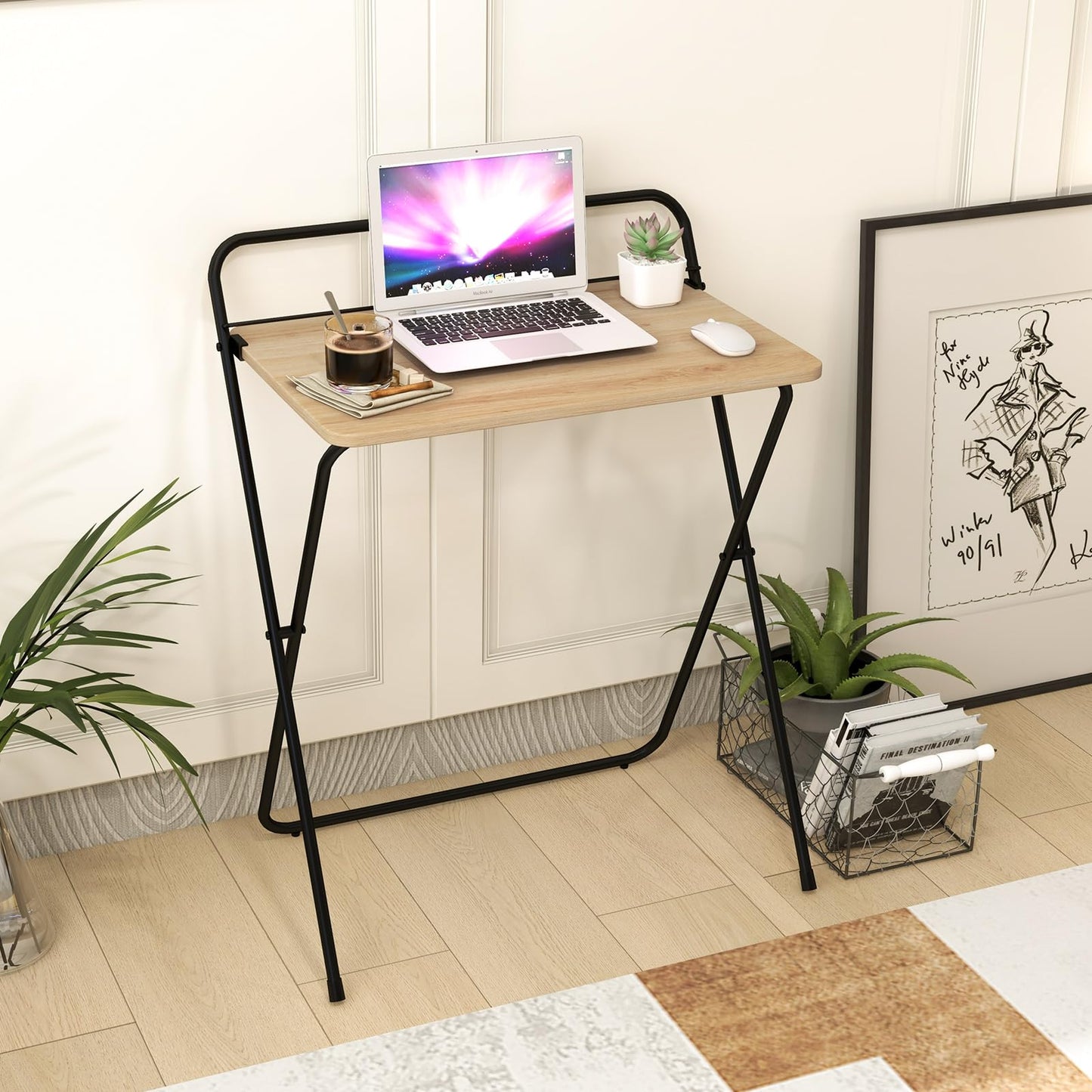 Folding Computer Desk, No-Assembly Simple PC Laptop Table Writing Workstation, Natural, 1 Tier