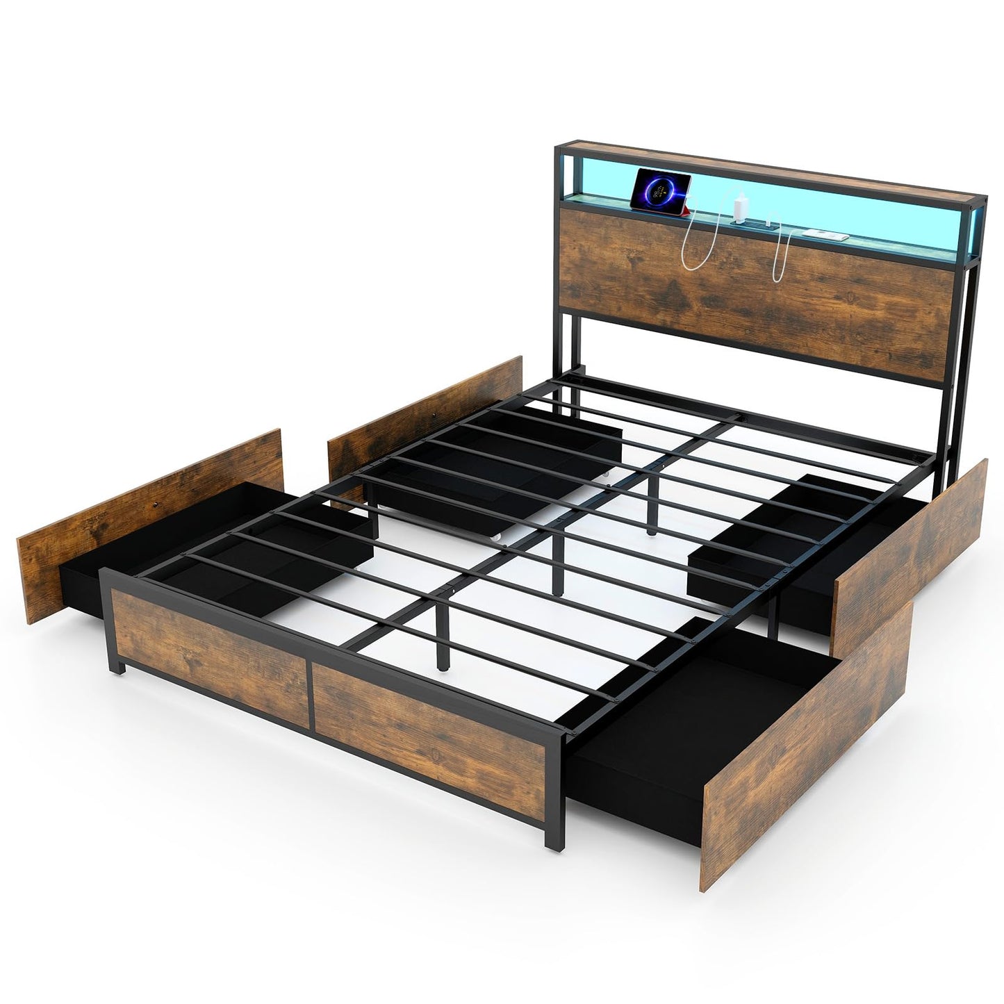 Double/King Size Platform Bed Frame with LED Lights, 4 Rolling Drawers