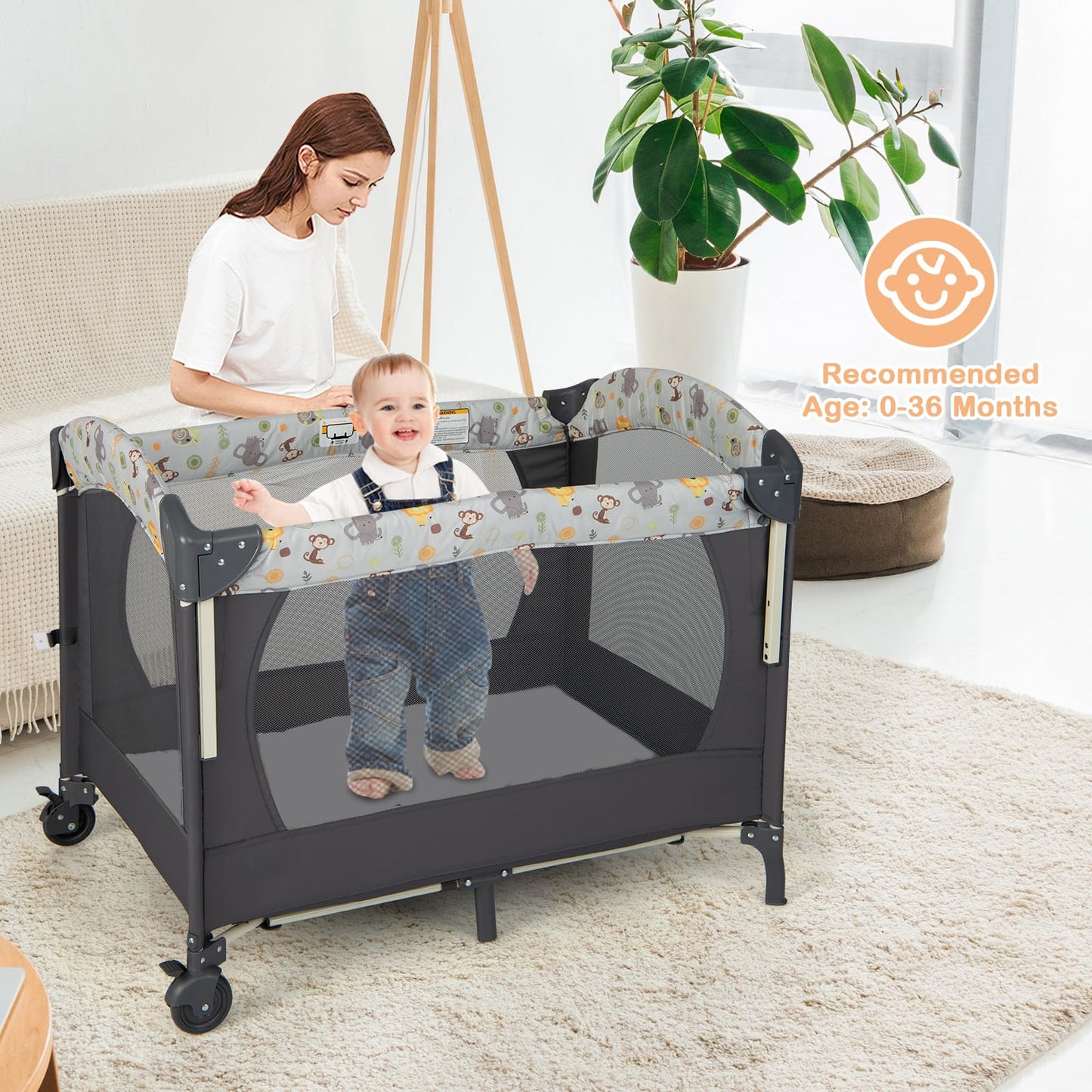 4 in 1 Portable Travel Cot, Foldable Baby Bedside Bassinet with Changing Table, Mattress, Music Box, Wheels & Brakes, Carry Bag