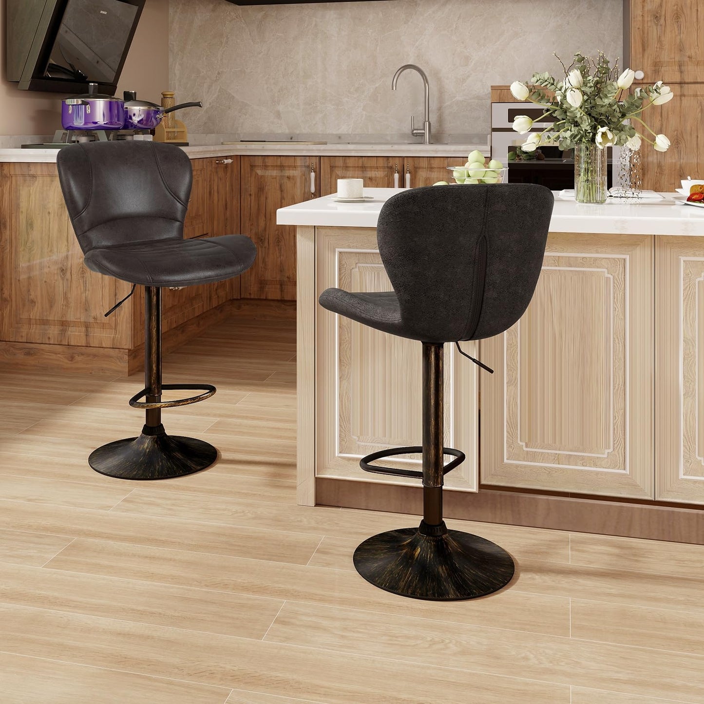 Bar Stools Set of 2, Adjustable Height 360° Rotatable Counter Dining Chair (Dark Brown, 56 x 47 x 113cm)