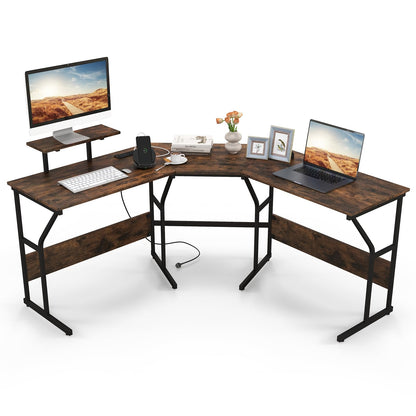 L-Shaped Computer Desk, 225cm Convertible Double Study Writing Workstation with Movable Monitor Stand