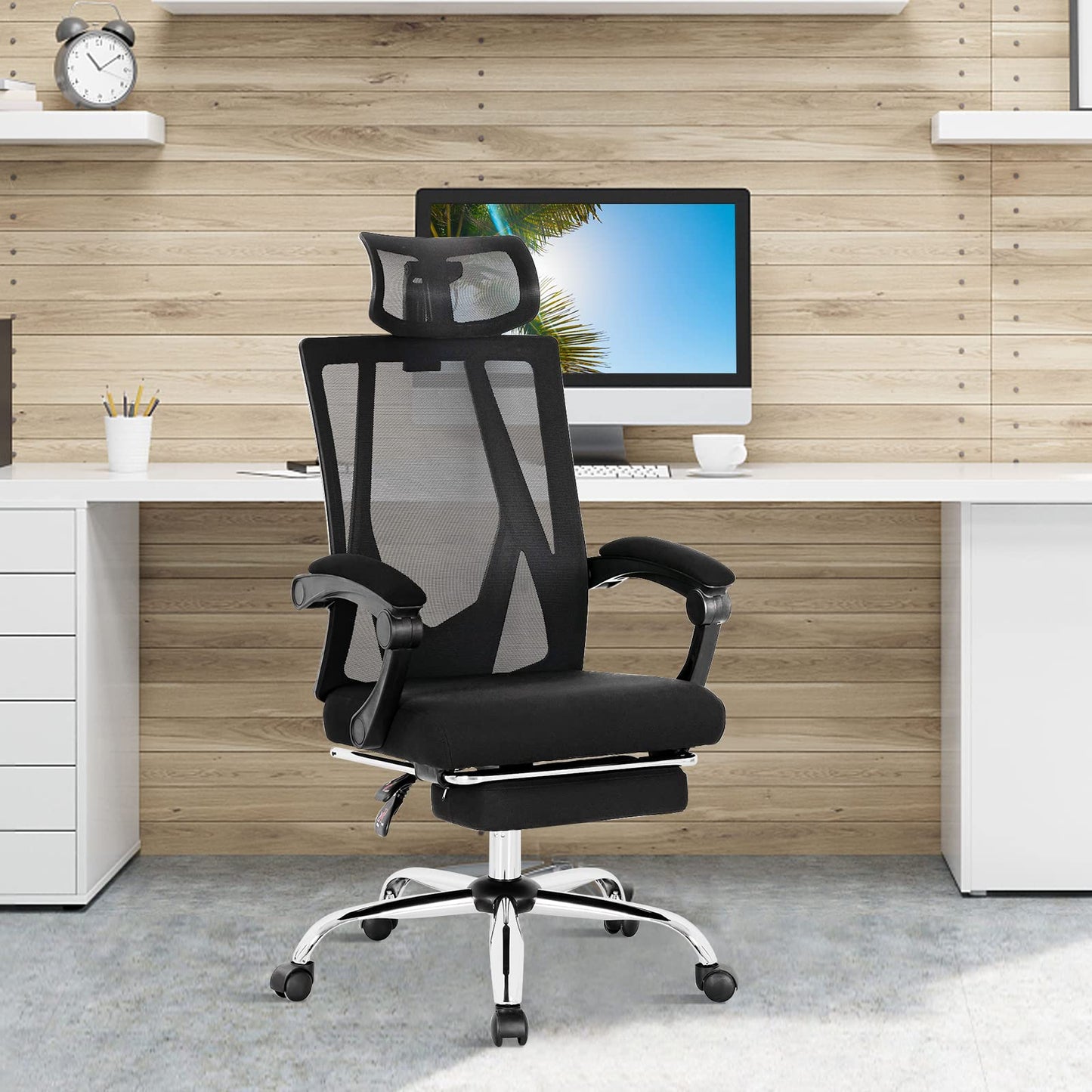 Mesh Office Chair, Ergonomic Swivel Computer Desk Chair with Retractable Footrest