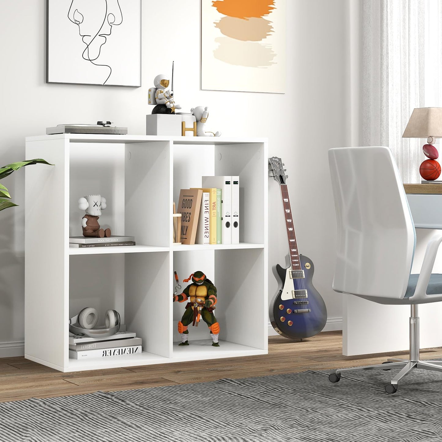 4 Cube Bookcase, Wooden Bookshelf Open Display Shelving Unit with Anti-Tipping Device (White, 70 x 33 x 70cm)