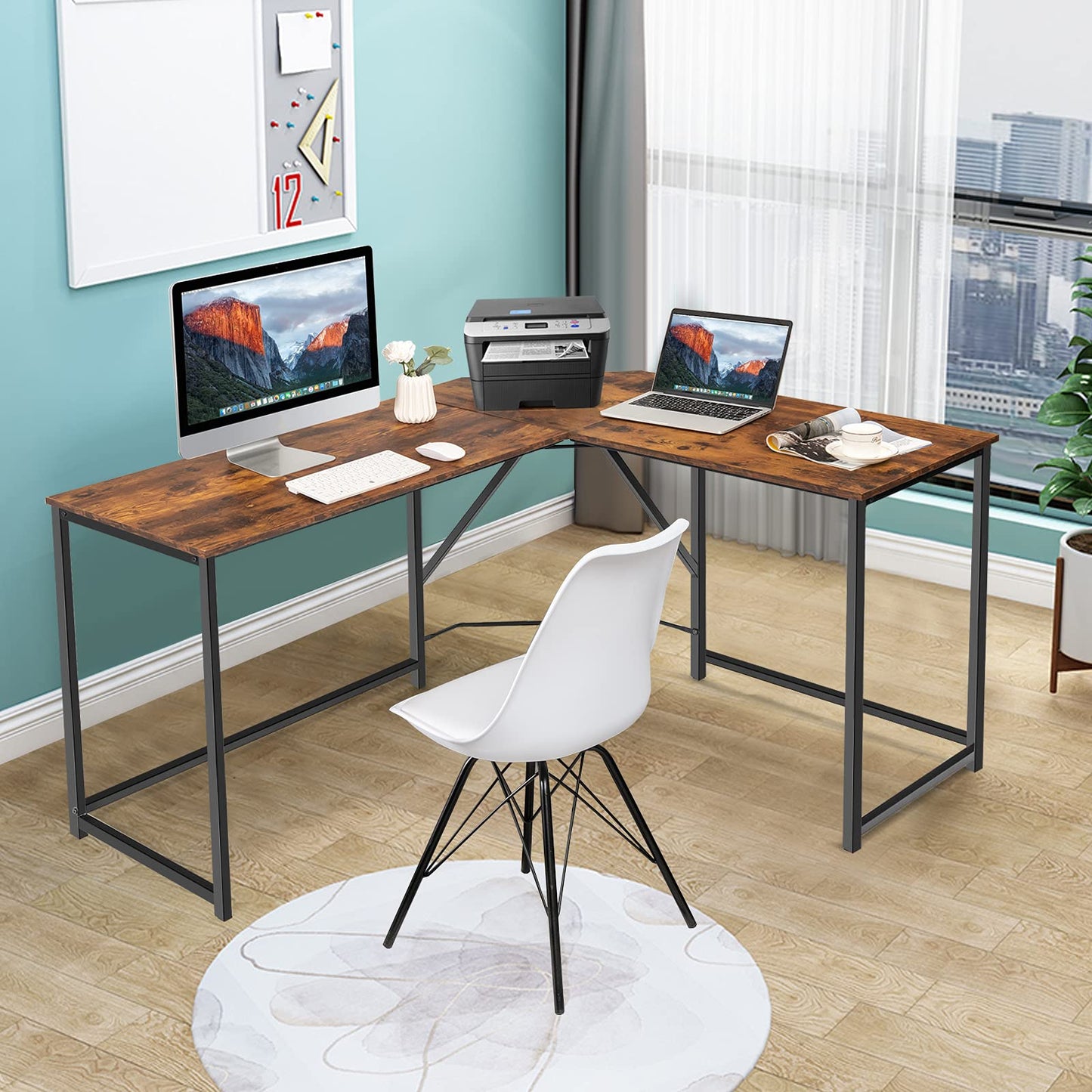 L-Shaped Computer Desk, Industrial Large 2-Person Corner Writing Workstation PC Laptop Table (Rustic Brown, 148 x 120 x 75cm)