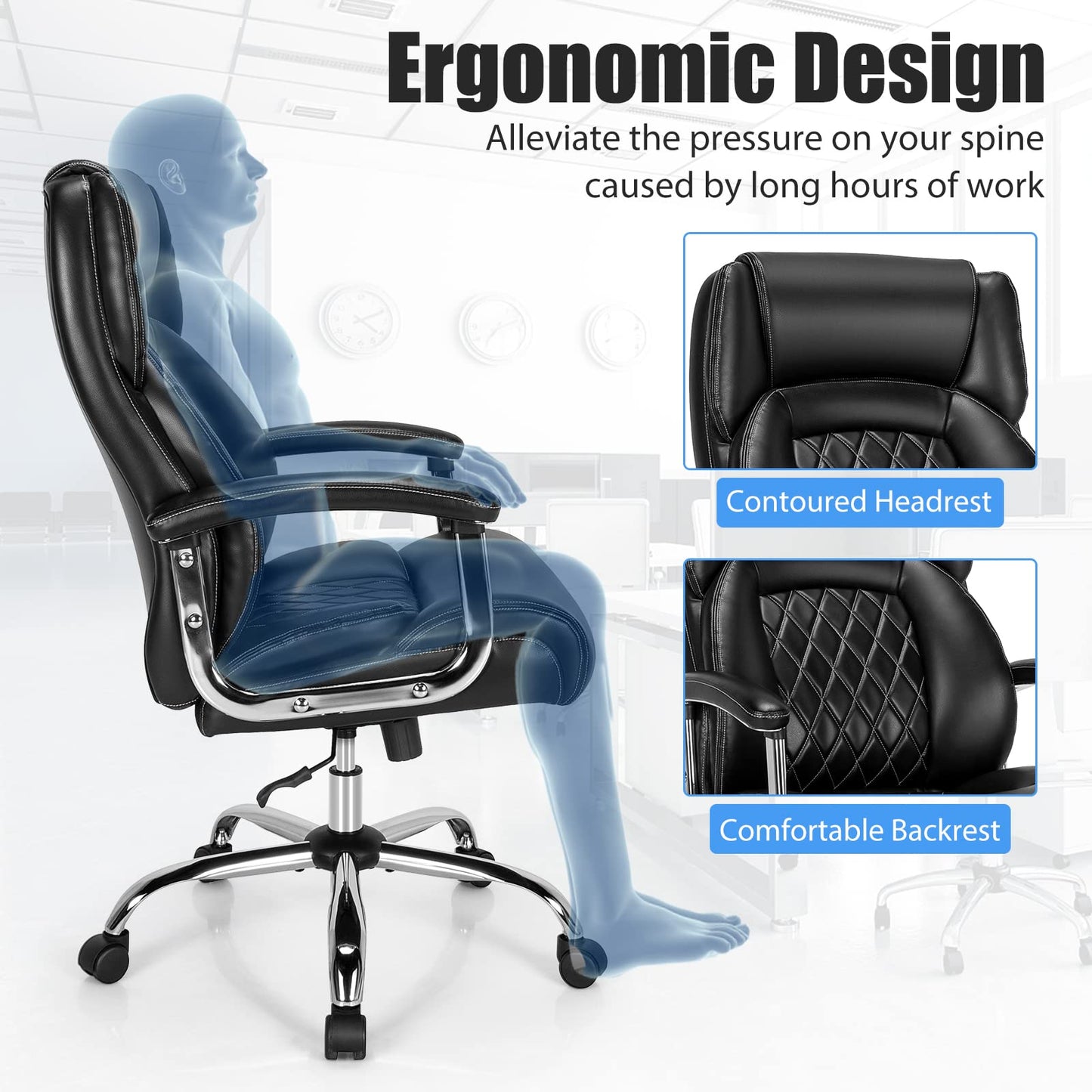 500LBS Big & Tall Executive Office Chair, Height Adjustable Leather Computer Desk Chair, Black+Silver