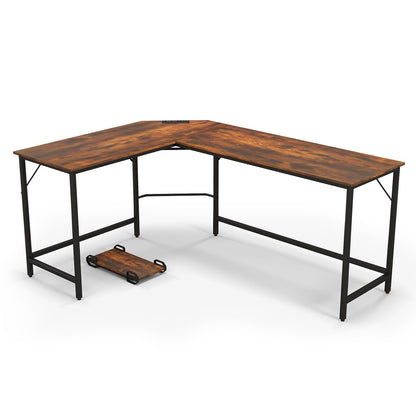 L-Shaped Computer Desk, 168cm Metal Frame Corner Writing Workstation with Charging Station