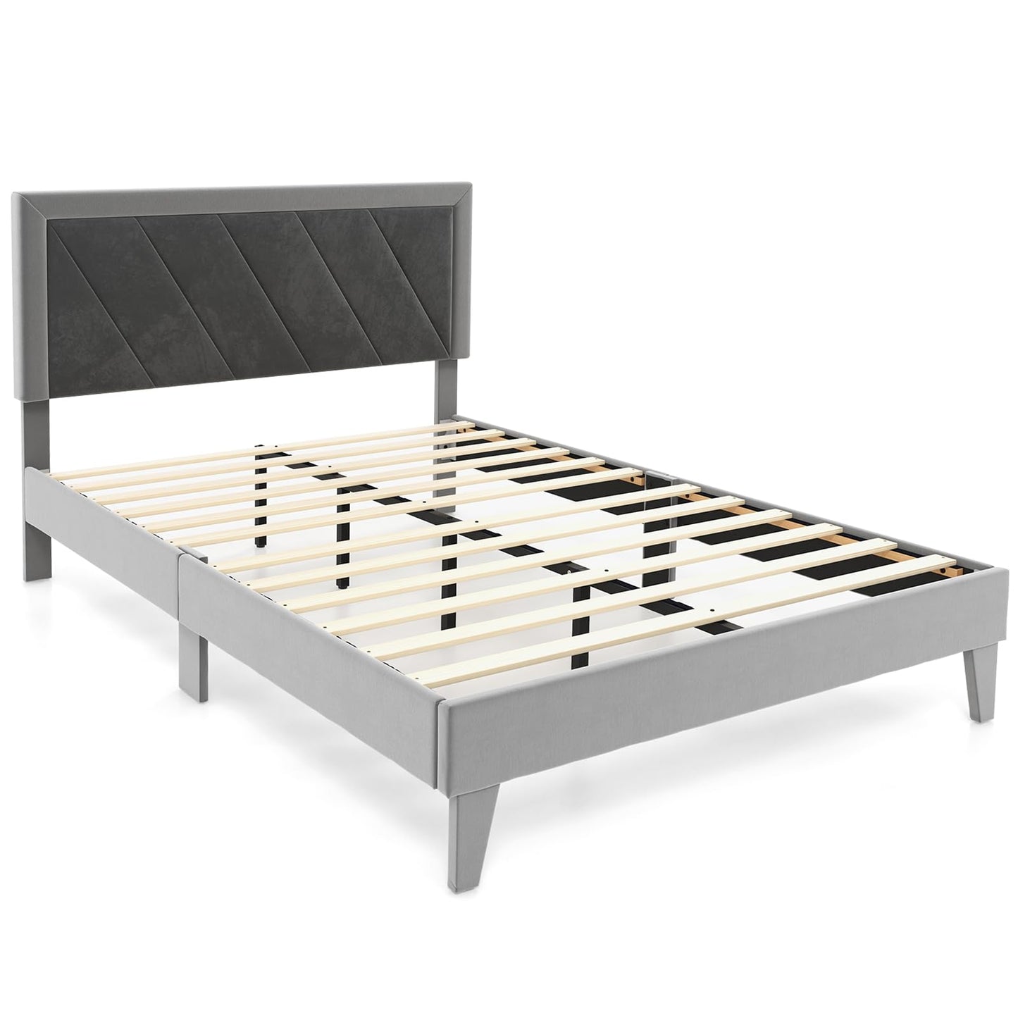 3FT/4FT6 Bed Frame, Single/Double Velvet Upholstered Platform Bed with Headboard,