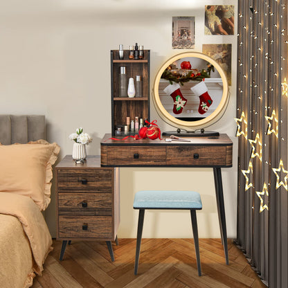 Dressing Table and Stool Set with 3-Color LED Lights Mirror, Drawers, Shelves & Charging Station, Round Mirror