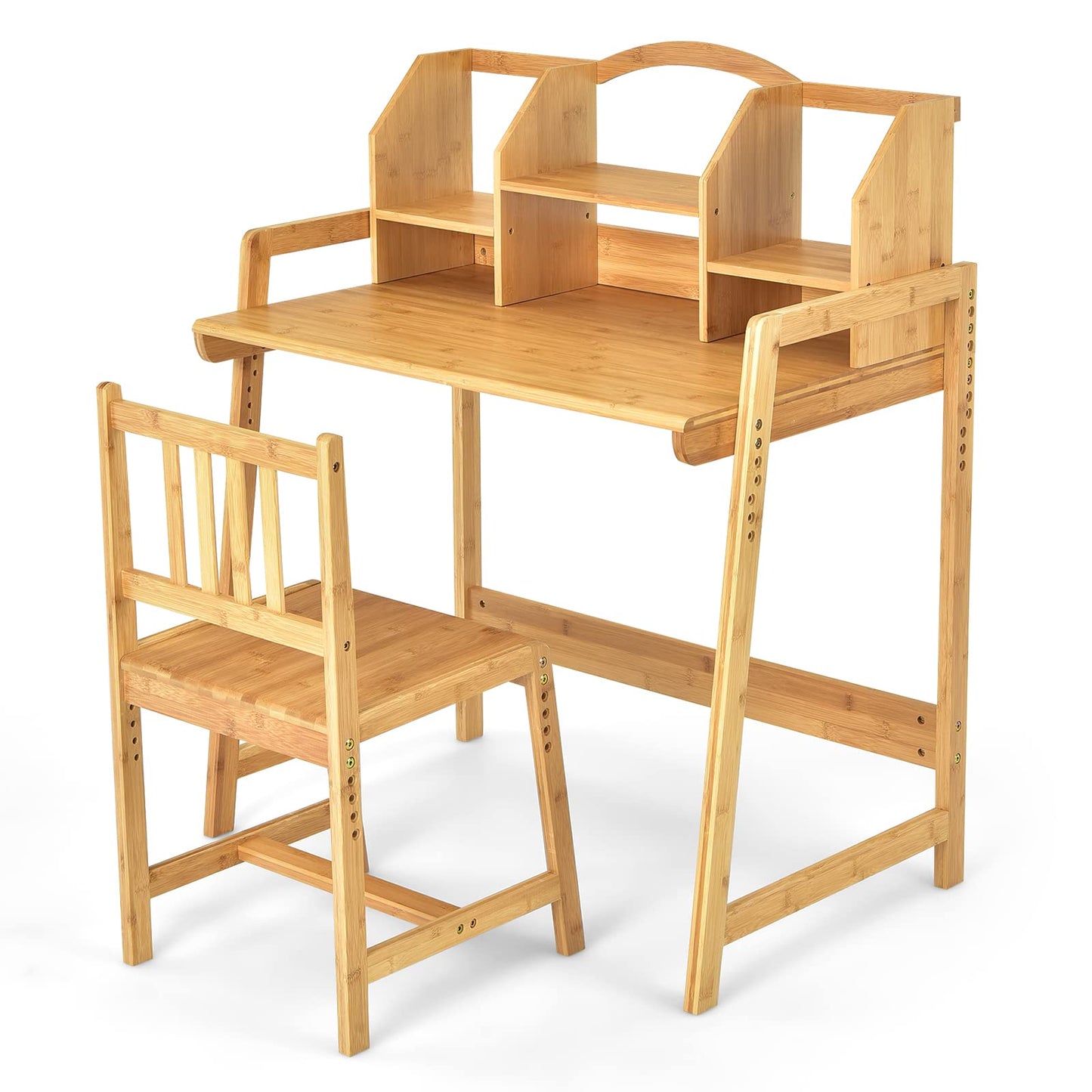 Bamboo Kids Desk and Chair Set, Height Adjustable Children Study Table and Chair with Bookshelves