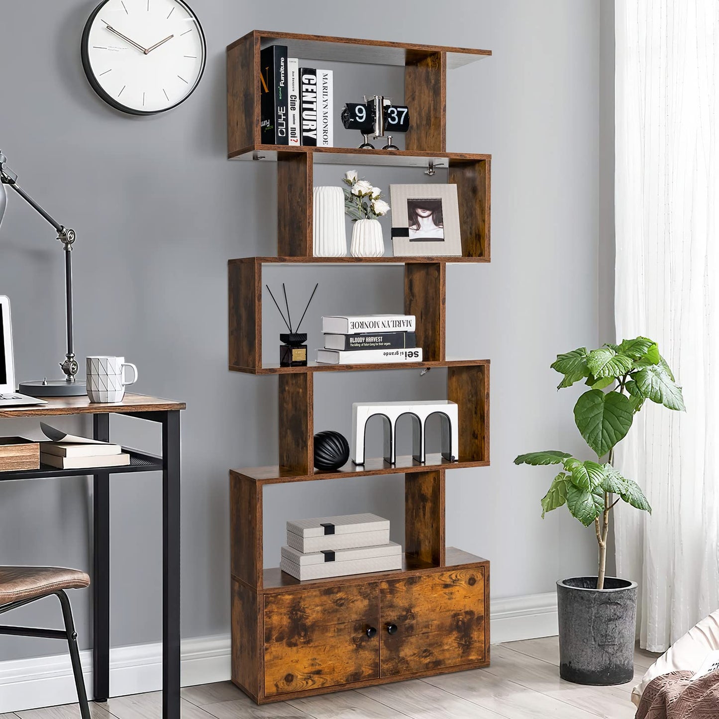 Wooden Bookcase, 5/6-Tier S-Shaped Storage Bookshelf with Cabinet, Freestanding Tall Display Shelf