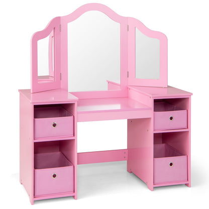 Kids Dressing Table with Tri-Folding Detachable Mirror, 4 Storage Bins, Girls Makeup Vanity Tables for Playroom Bedroom