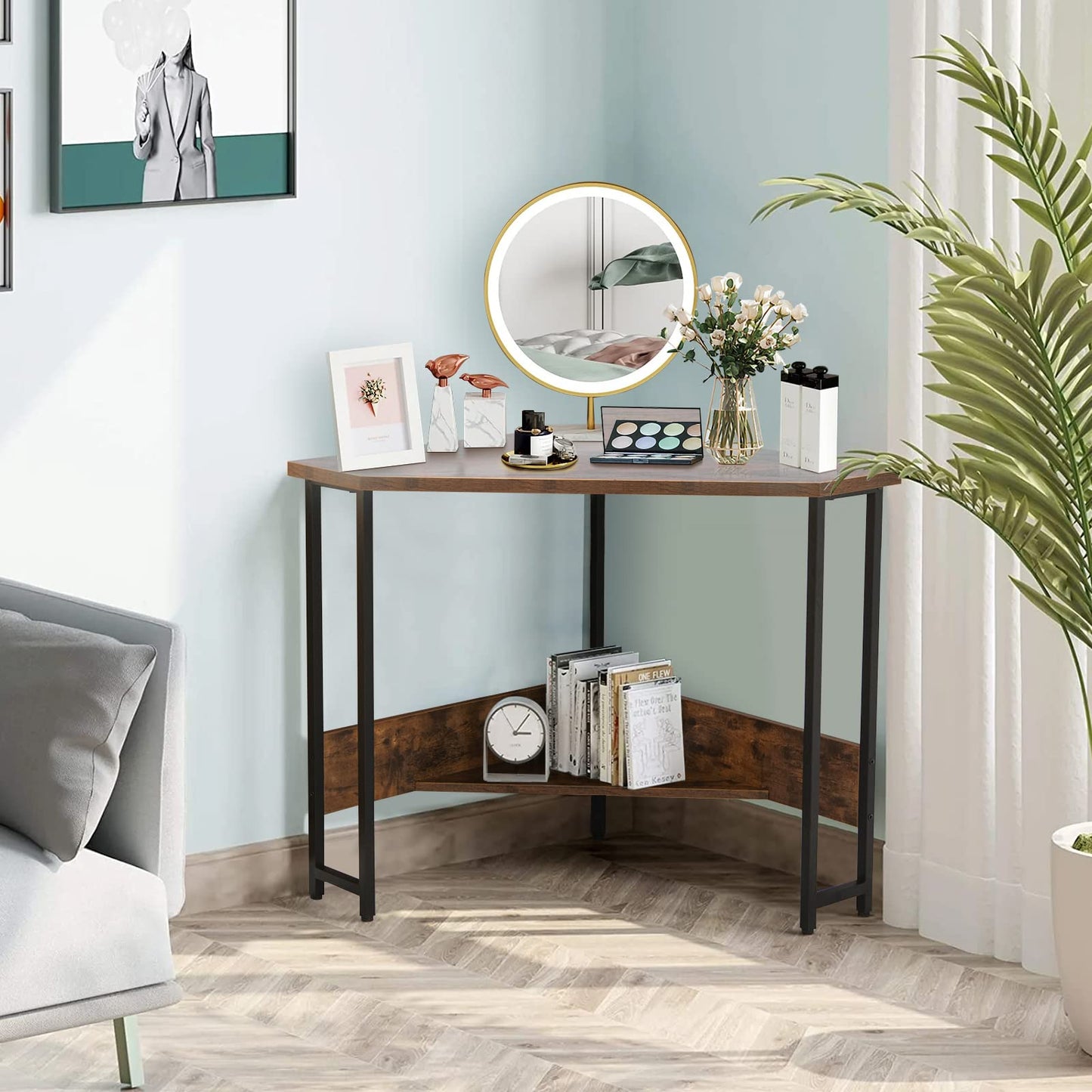 Corner Computer Desk, Triangular Writing Desk with Power Outlet & Metal Frame, Without Keyboard Tray