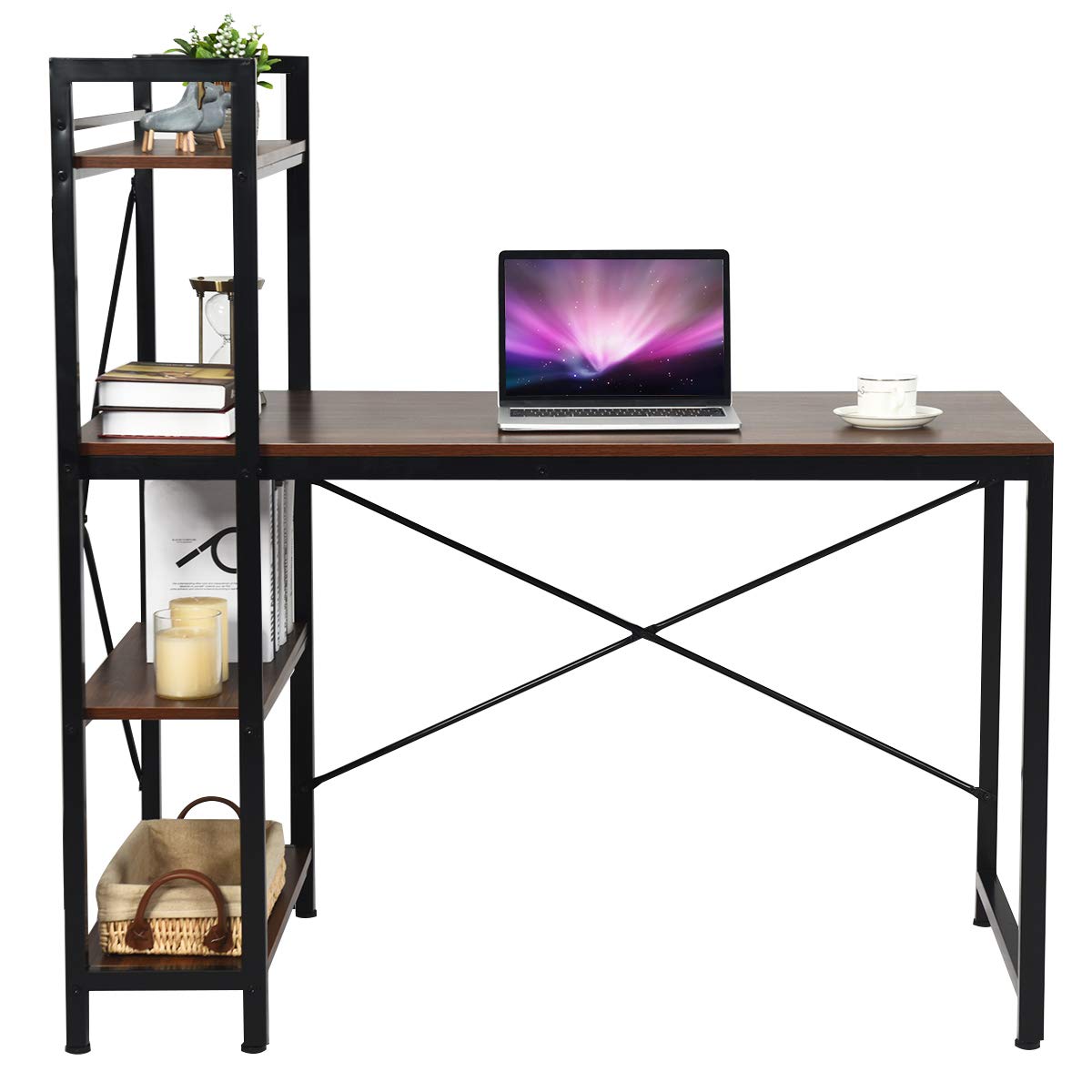 Computer Desk, Steel Frame Wooden Writing Workstation PC Laptop Table with 4-Tier DIY Storage Shelves