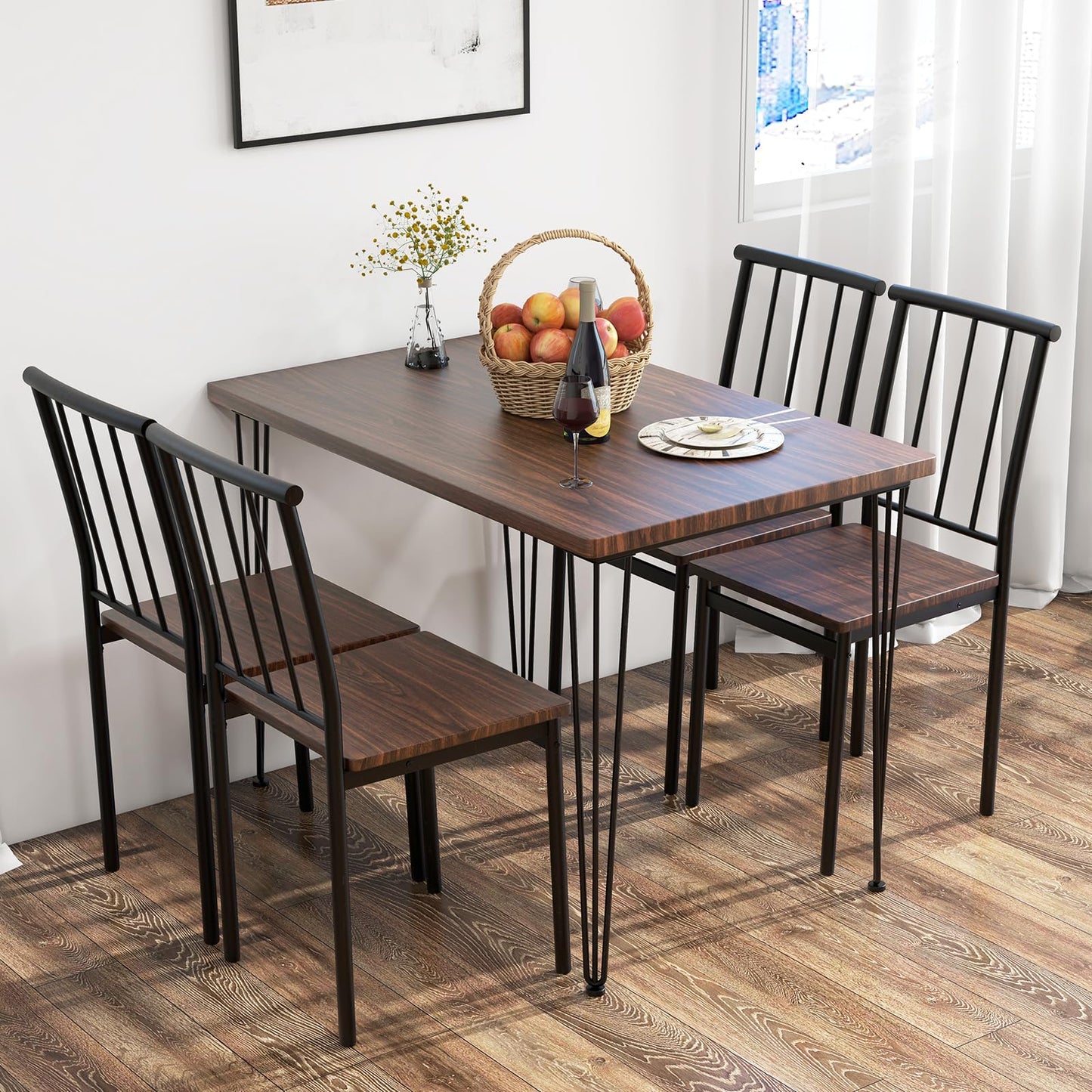 Dining Table and Chairs Set 4, 5 Piece Rectangular Kitchen Table and 4 Chairs with Curved Back & Foot Pads