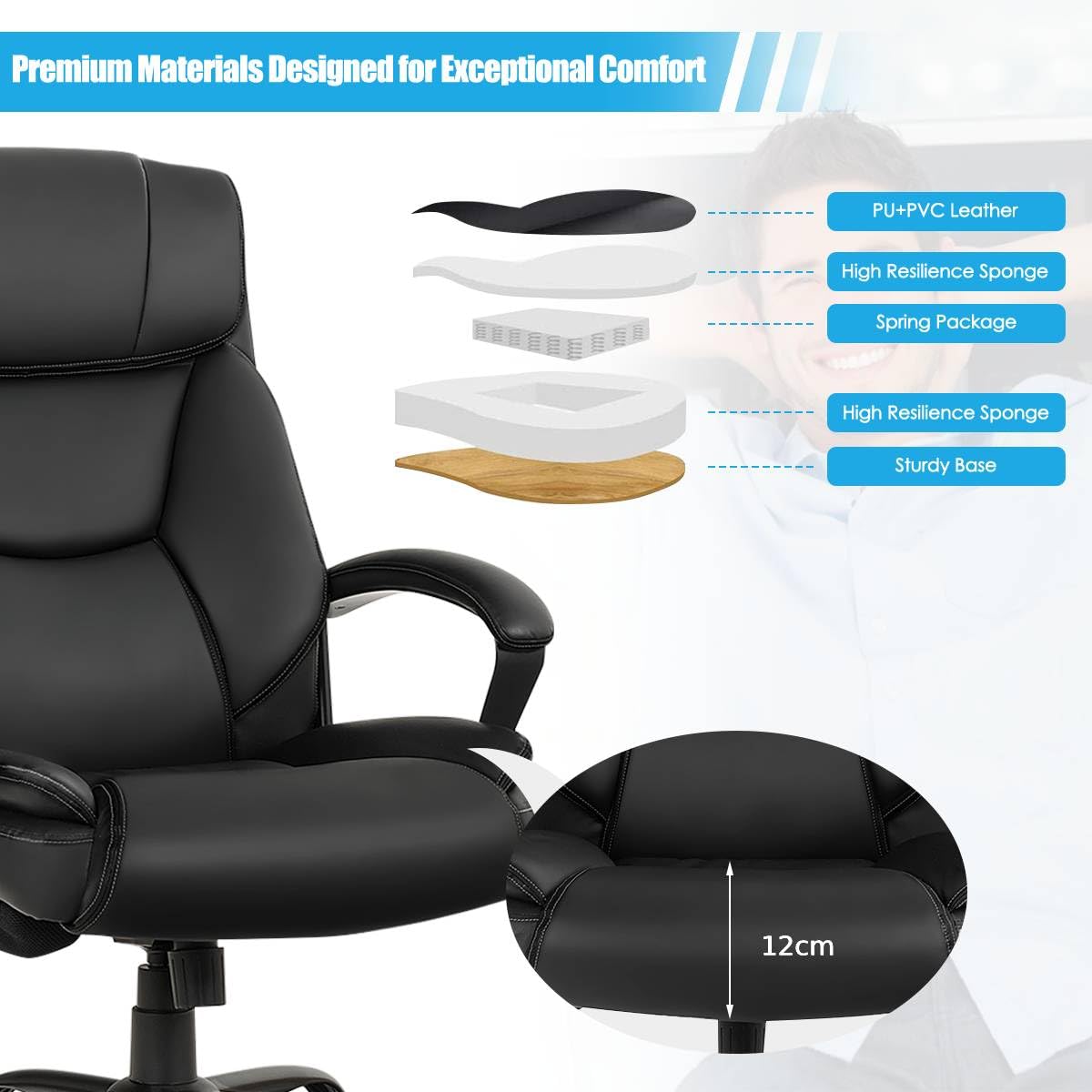 500LBS Big & Tall Massage Office Chair, Height Adjustable PU Leather Executive Computer Desk Chair with Rocking Backrest and Arms