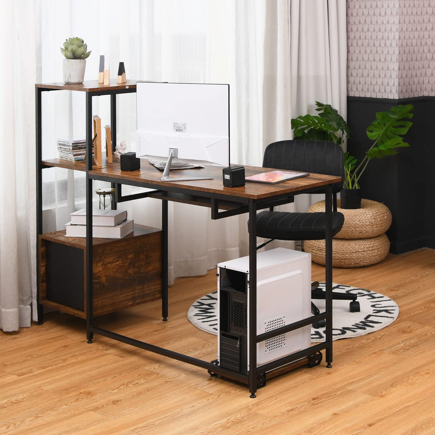 Computer Desk, 2-in-1 Workstation PC Laptop Table with Storage Bookshelf, 140 x 50 x 110cm