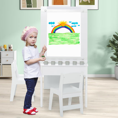 2-in-1 Kids Art Table and Chairs Set, Wooden Toddler Craft Easel Desk with 2-Tier Open Shelf (6 Cups)