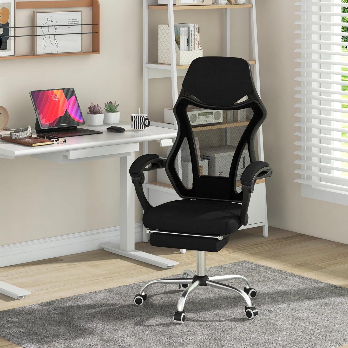 Mesh Office Chair, Ergonomic High Back Swivel Computer Desk Chair with Retractable Footrest