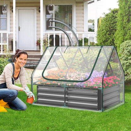 Raised Garden Bed with Greenhouse, Outdoor Elevated Planter Box with PVC Cover & Dual 2-Tier Roll-Up Windows