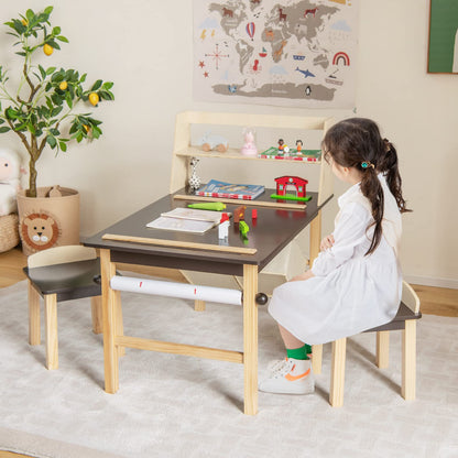 Kids Art Table and Chairs Set, Wooden Toddler Craft Desk with 2-Tier Open Shelf and 2 Storage Bins