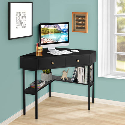 Corner Computer Desk, Triangle PC Laptop Table with 2 Drawer and Storage Shelves