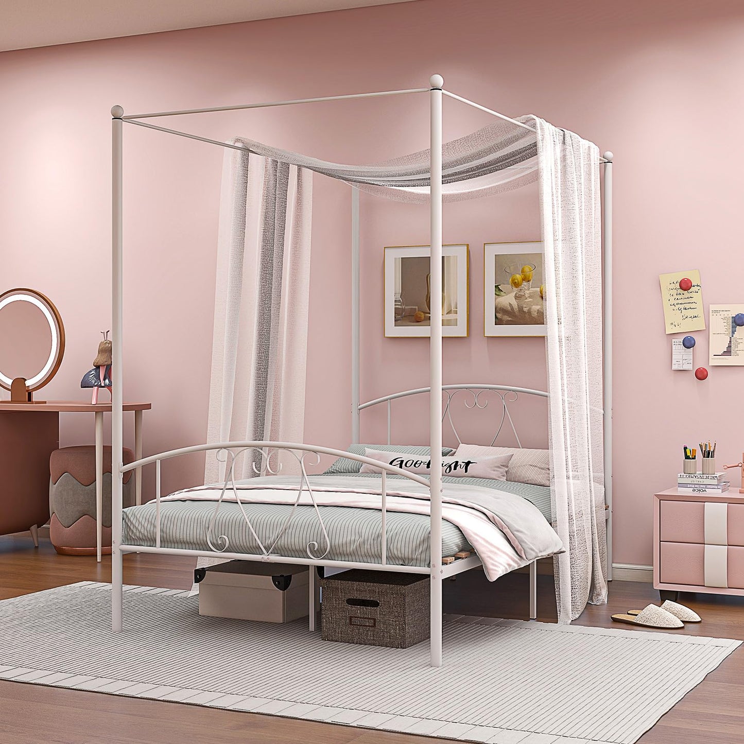 Canopy Bed Frame, Double Size Metal Bed Base with Headboard & Footboard