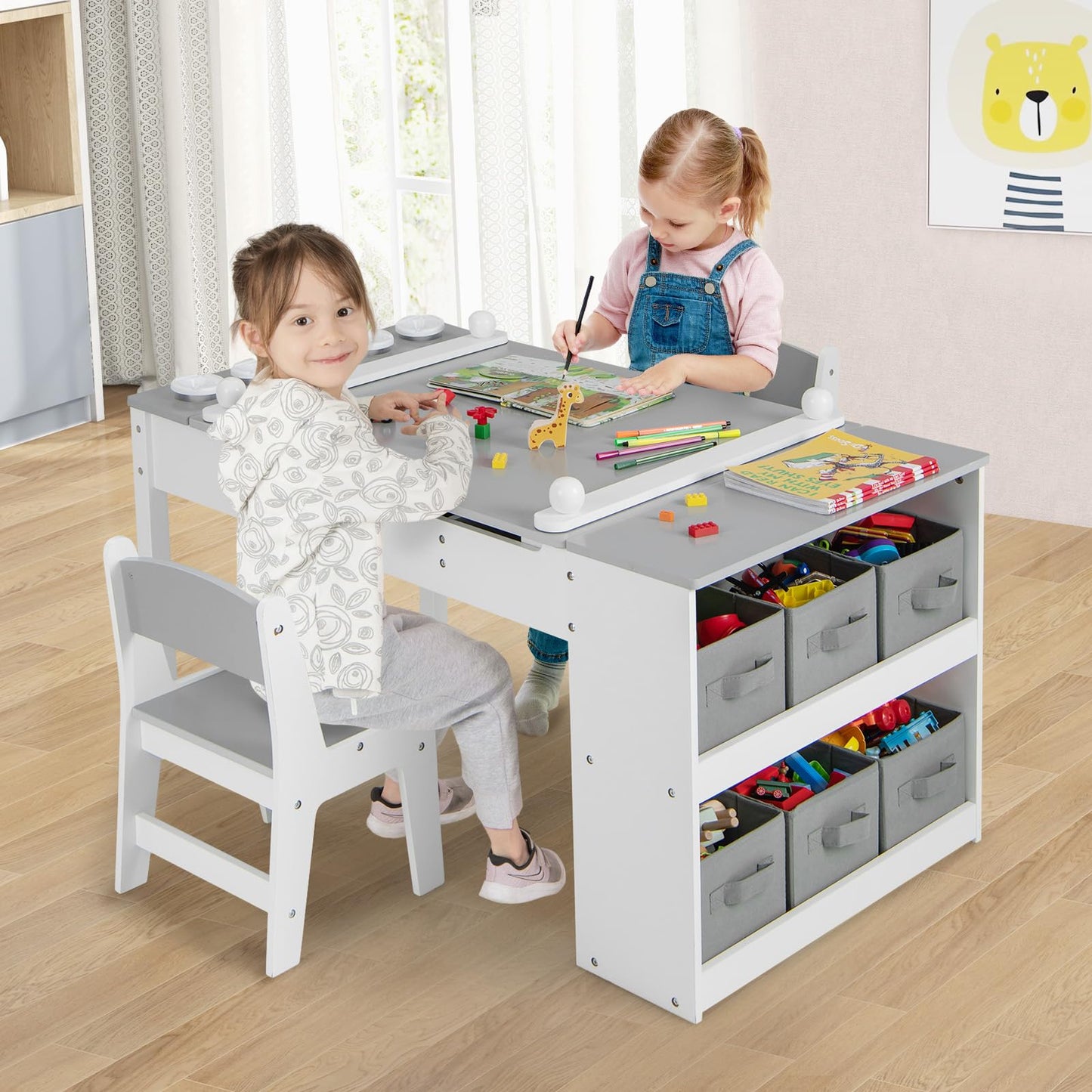 2-in-1 Kids Art Table and Chairs Set, Wooden Toddler Craft Easel Desk with 2-Tier Open Shelf, Storage Bins, Paper Roll and Paint Cups (5 Cups)