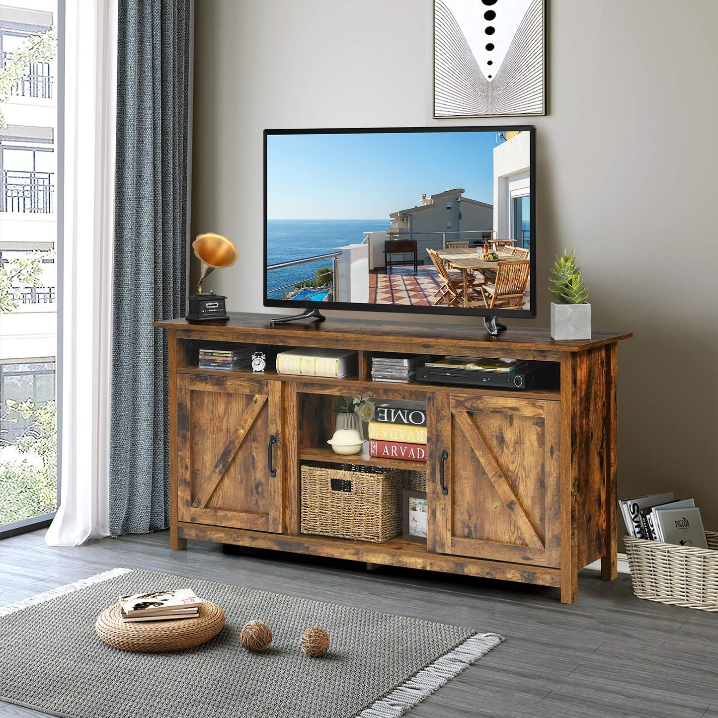 Farmhouse TV Stand for TVs up to 65", Wooden TV Cabinet Media Entertainment Center with Barn Doors & Open Shelf