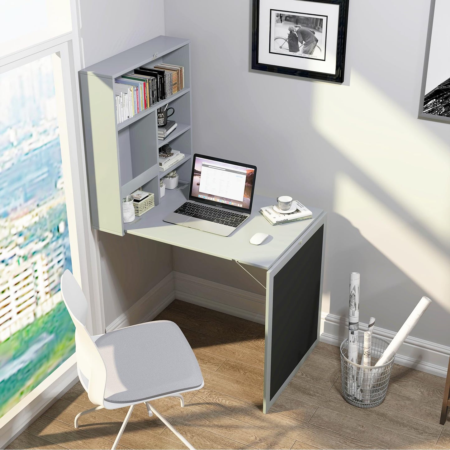 Wall Mounted Computer Desk, Folding Convertible Wall Table with Blackboard & Storage Shelves