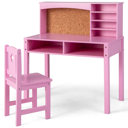 Kids Desk and Chair Set, Wooden Children Study Table with Hutch, Cork Board, Storage Shelves