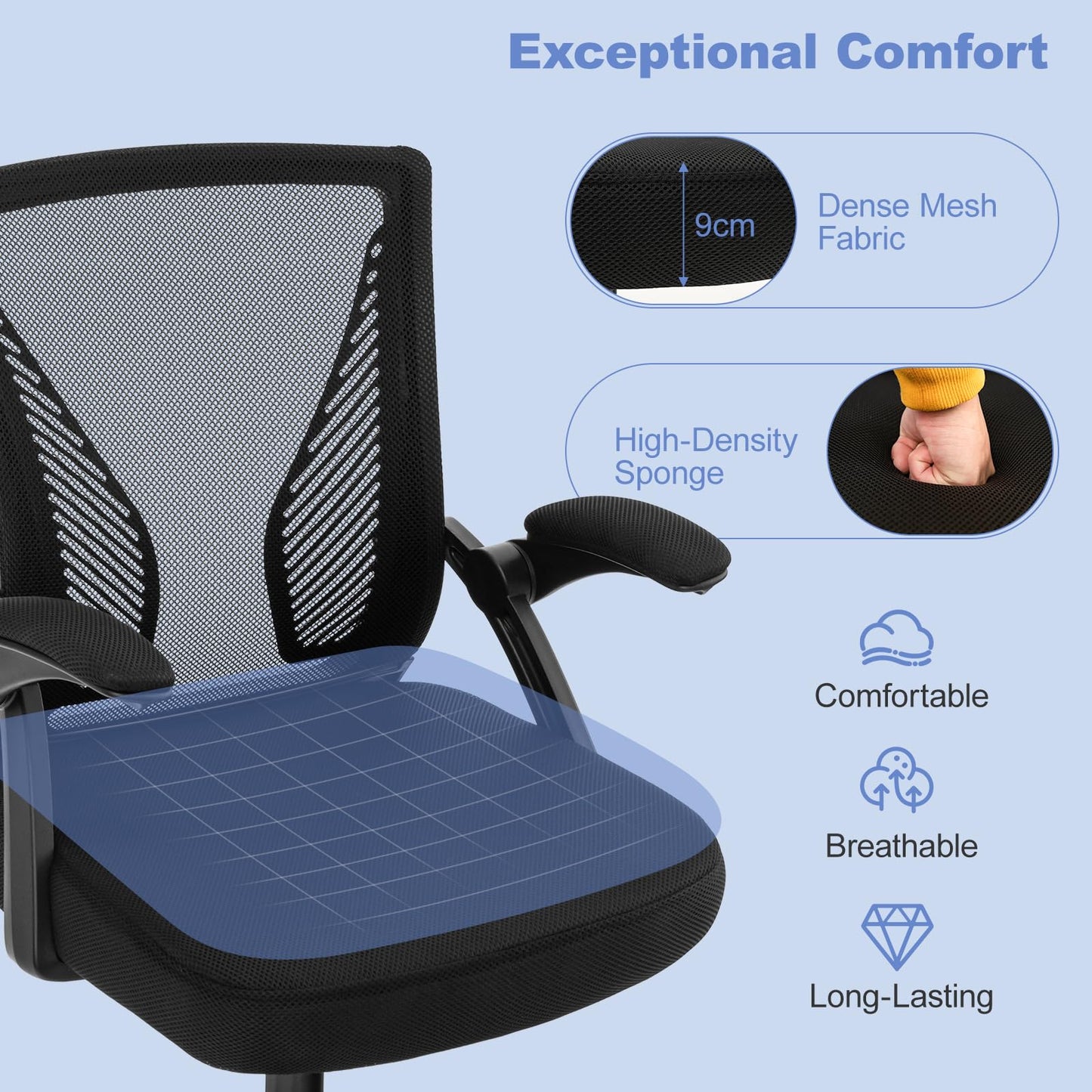 Mesh Office Chair, Adjustable Height Swivel Computer Chair with Flip-Up Armrests