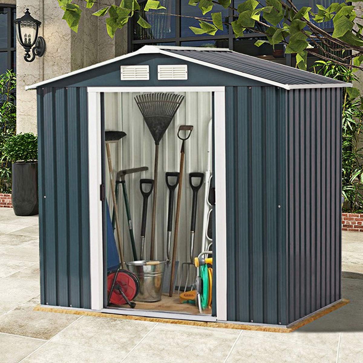 GiantexUK 7x4FT Metal Garden Shed (7x4FT, 2 Vents, with Base)