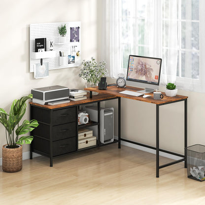 L-Shaped Computer Desk, Convertible Study Writing Workstation with Drawer, Shelves & Charging Station